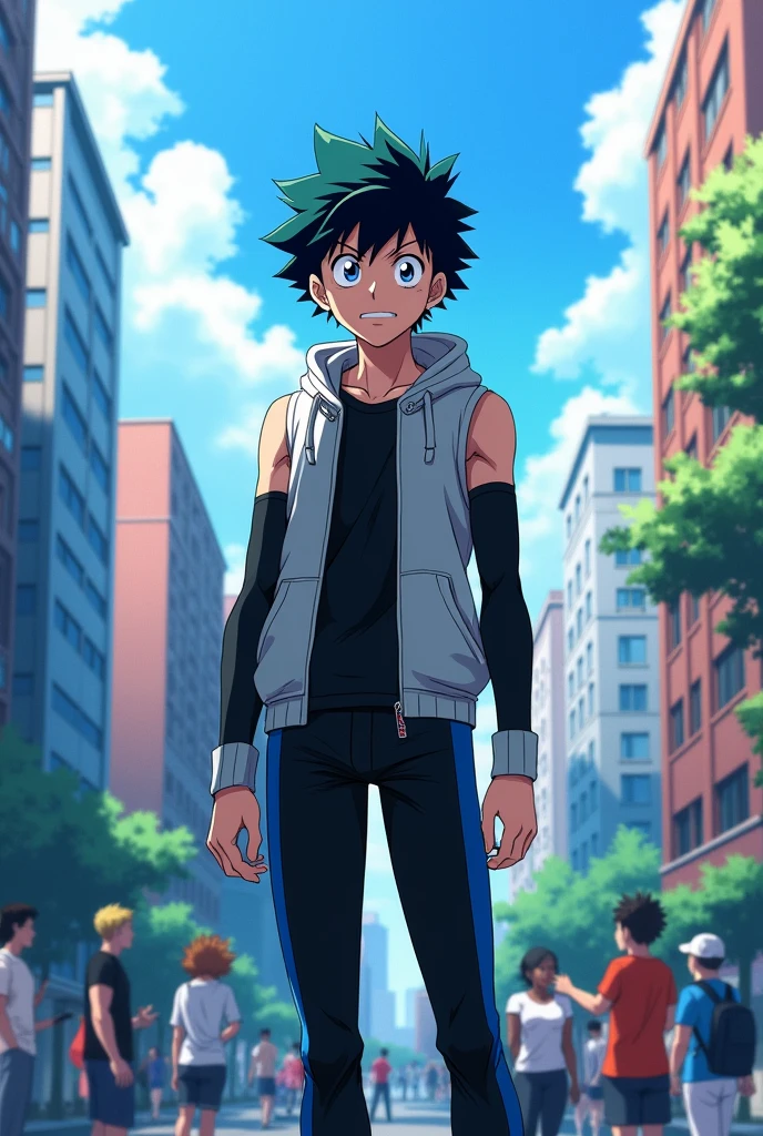 Sixteen year old boy with black hair with a dark blue streak of good physique a sleeveless sweatshirt a black long-sleeved t-shirt black pants with blue stripes lives in My hero academia