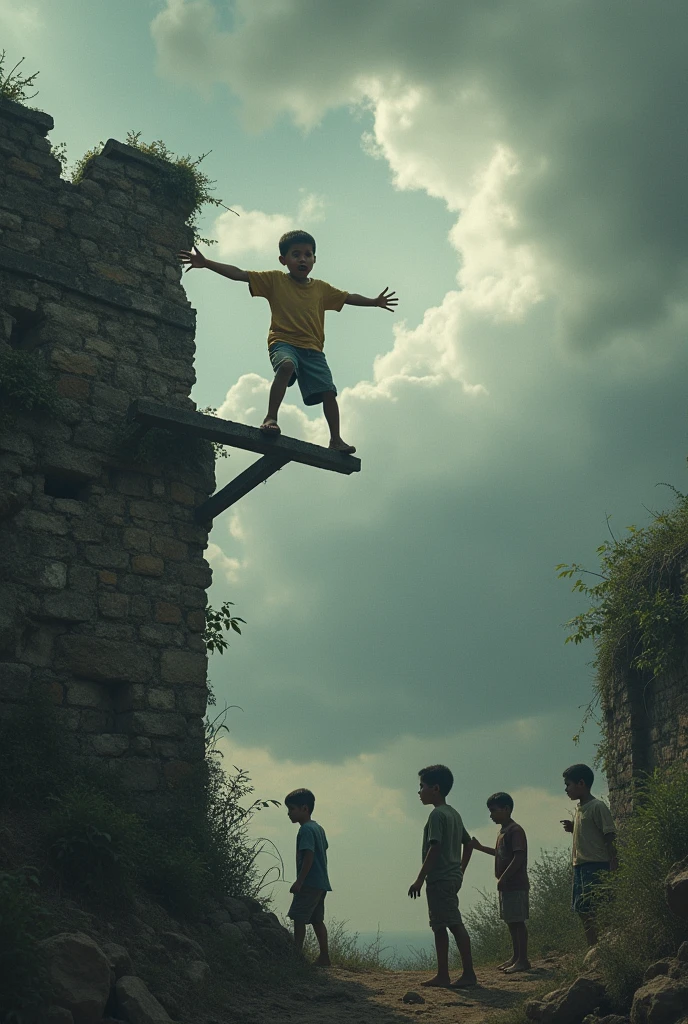 Scenario: An old wall, partially in ruins, with exposed hardware. Some parts of the wall have vegetation growing, suggesting abandonment.
meninos: Show five boys. Four of them are in slightly safer positions., shouting and gesturing, with expressions of fear and concern.
O na Trave: Focus especially on what is at the most dangerous point., balancing on the thin iron beam. He must have a tense expression, but without shouting, Showing Courage and Concentration, with arms outstretched to maintain balance.
perspective: Use a perspective that highlights the height and danger of the situation, perhaps with the wall being seen from below, increasing the sense of risk.
enviroment: The background may show a cloudy or dark sky., contributing to the tense atmosphere of the scene.