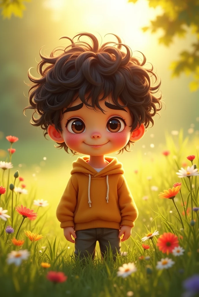 A boy with curly hair and brown eyes, Cao Cao, skin fair, and radiant smile