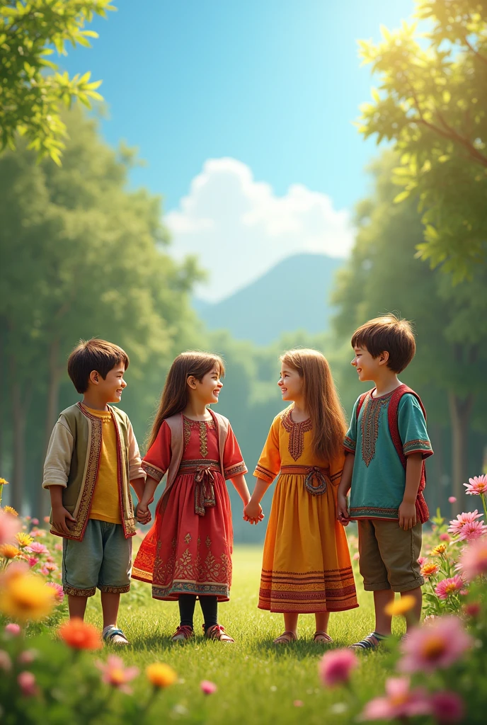 Boys and girls holding hands from different countries of the world in harmony
