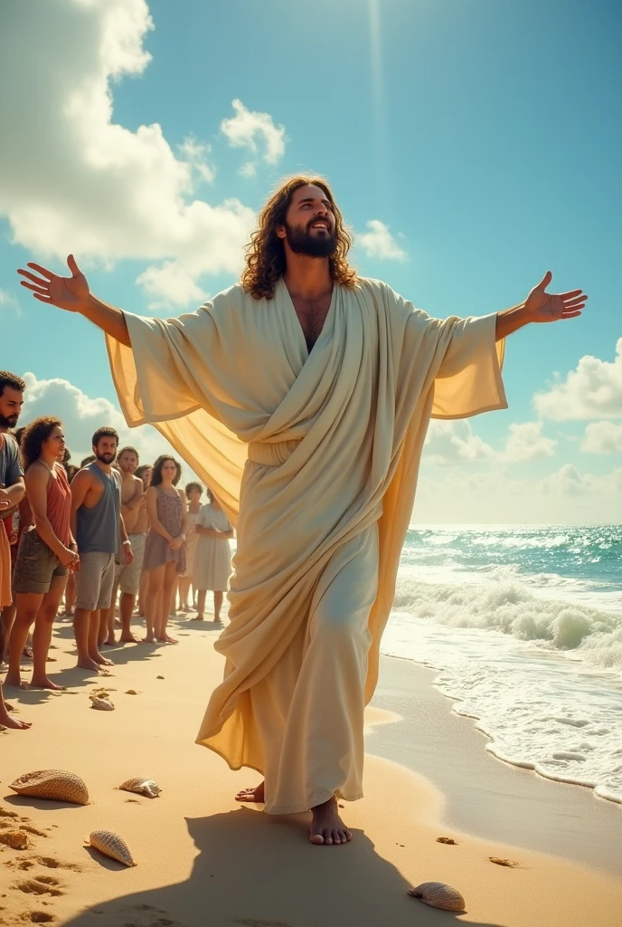 Jesus cristo estilo background realista , on the beach preaching to the crowd