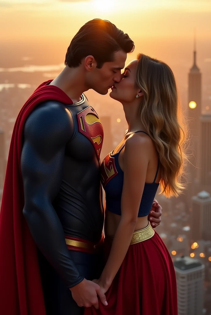 Super girl and superman are kissing, intimate, he is inserting his fingers into her vagina, lifting her skirt, above the city, backlit, his hand is under her skirt