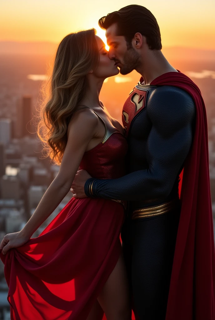 Super girl and superman are kissing, intimate, he is inserting his fingers into her vagina, lifting her skirt, above the city, backlit, his hand is under her skirt
