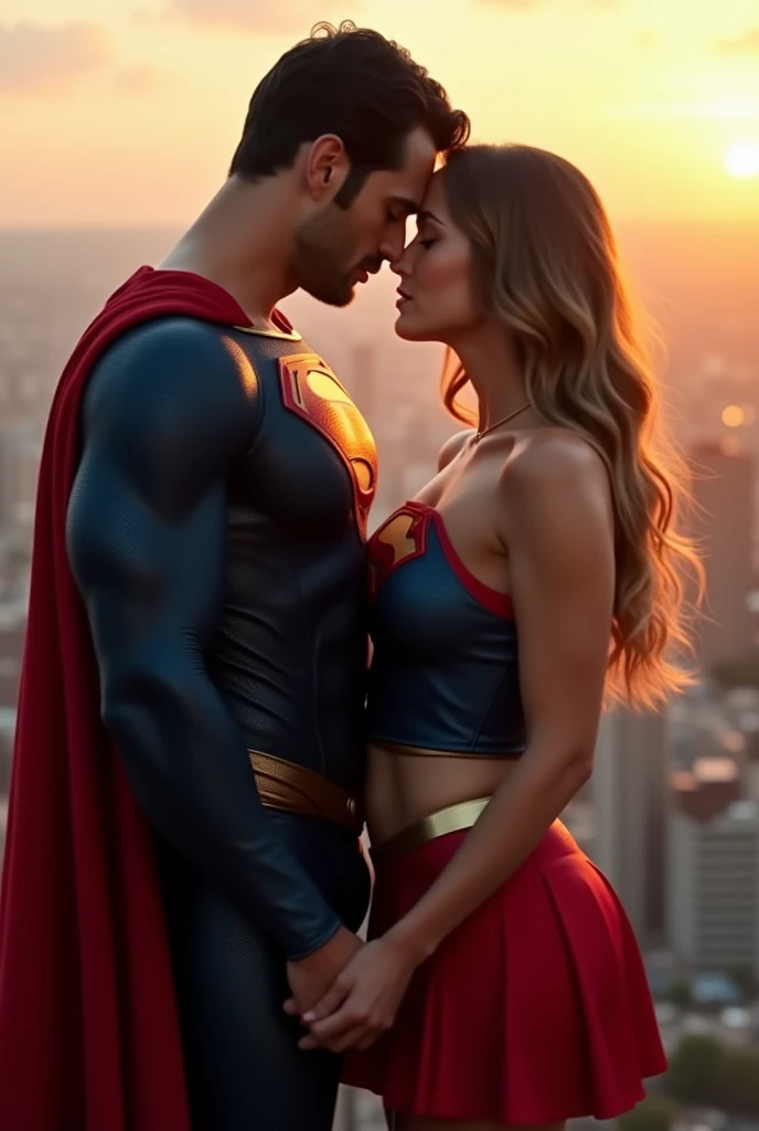 Super girl and superman are kissing, intimate, he is inserting his fingers into her vagina, lifting her skirt, above the city, backlit, his hand is under her skirt