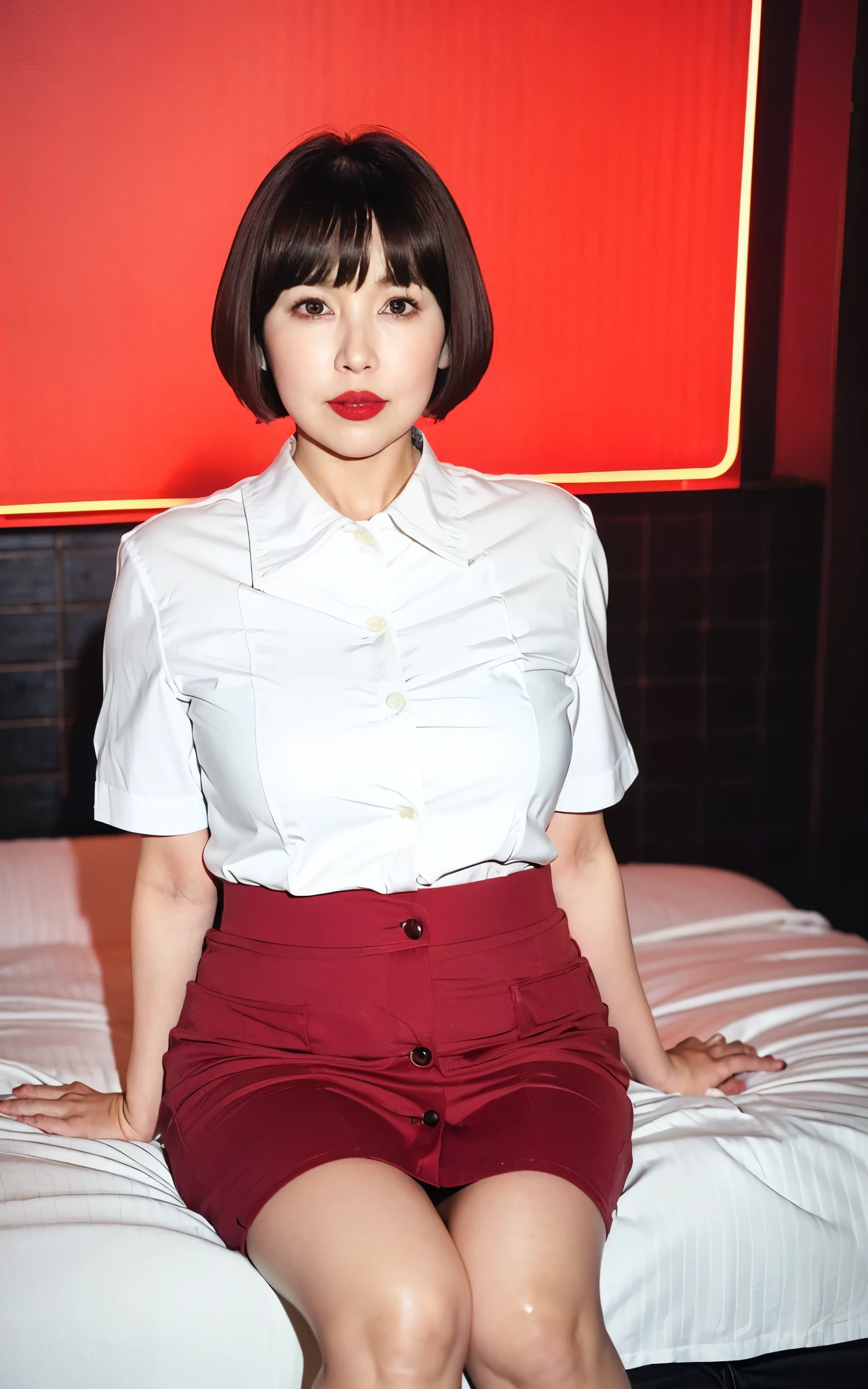 ((Plump, bright red lips with lipstick)), (portrait), Big Breasts　((Short brown hair with bangs)), ((Looking into the camera)), Sit with your legs apart, ((White button shirt and black enamel tight skirt)), Low-angle shot of a person standing facing forward, look down, ((A bedroom with shoji and tatami mats lit up in pink neon lights))　