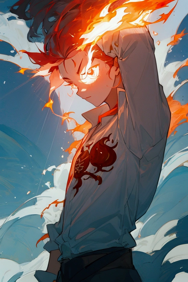 water and fire with power with the head and shirt