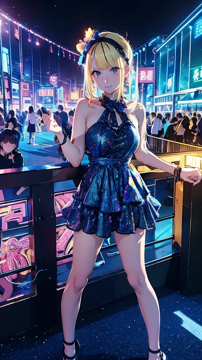 ((masterpiece)),(((Highest quality))),Comiket scenery、Big Sight、International Exhibition Hall、Thin thighs,Long legs,whole body:1.5,(:1.3),(もっと美しいsummerのラフな格好:1.3),(Wearing light casual clothes:1.2),Short Blonde:1.2、Idol Pose,summer、flowerpunk、Idol Group、Sparkle Effect、Light effect particles、Vivid gradients