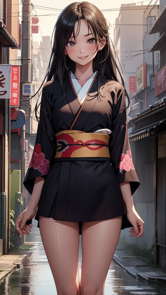 Japanese girl looking at viewer, (8k, raw photo, masterpiece:1.3), (realist, photorealist:1.1), 1 girl, Best Quality ,hyper detailed, High resolution, Skinny body, (happy, happy,smile:0.9), Streets of the city, outdoor, field, thighs, (kimono:1.2),medium chest, wet body, long black hair, naked