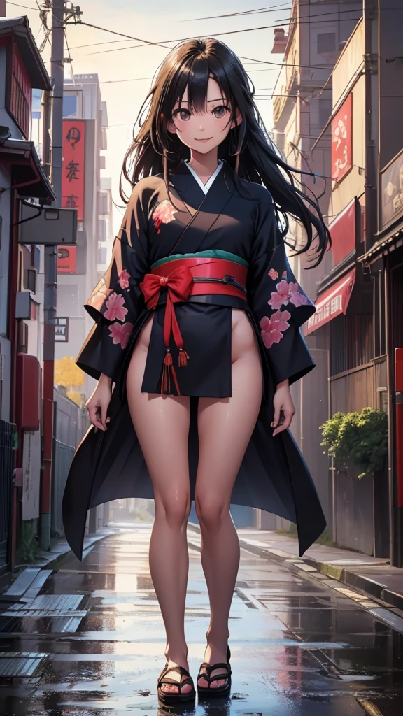 Japanese girl looking at viewer, (8k, raw photo, masterpiece:1.3), (realist, photorealist:1.1), 1 girl, Best Quality ,hyper detailed, High resolution, Skinny body, (happy, happy,smile:0.9), Streets of the city, outdoor, field, thighs, (kimono:1.2),medium chest, wet body, long black hair, naked