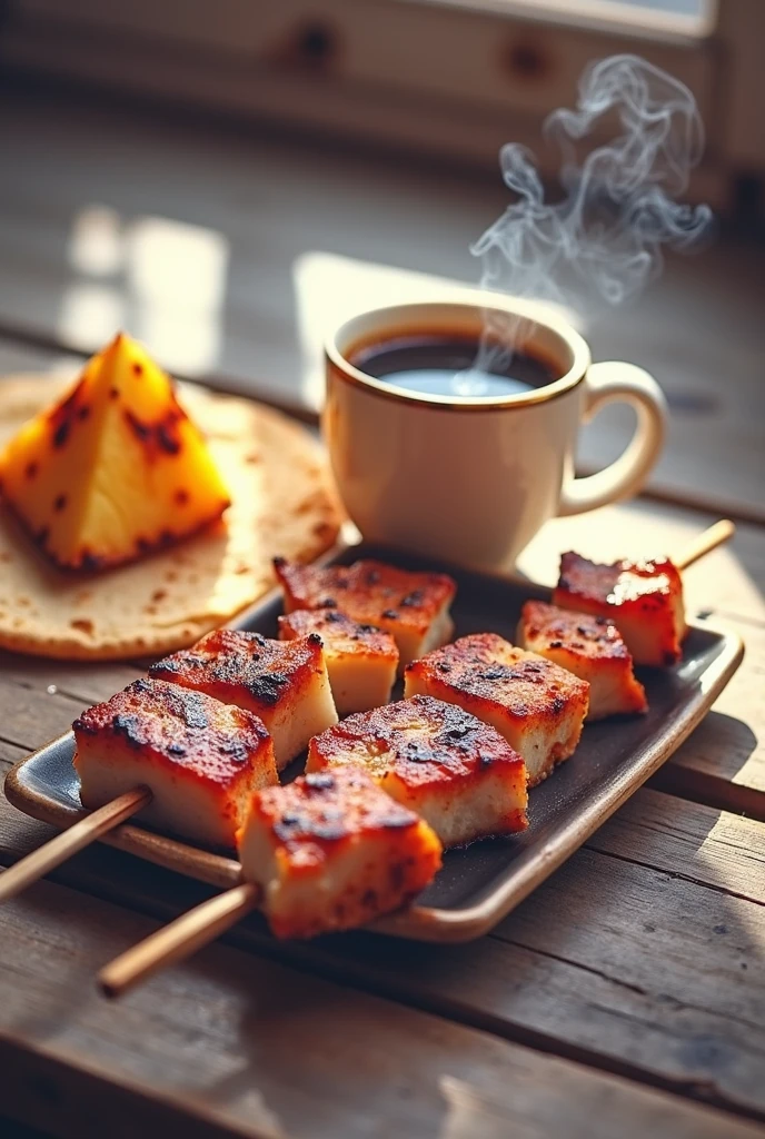 A cup of black coffee with a skewer with 4 pieces of pork, with a small 10-centimeter tortilla and a small 5-centimeter triangle of grilled pineapple