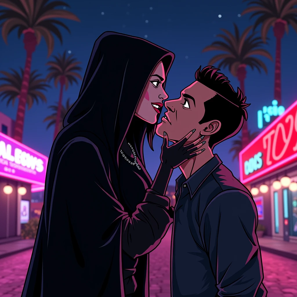 ((Black shadow))of a woman in gothic clothing grabbing a cartoon-style man's jaw, in Vice City GTA, Black night sky