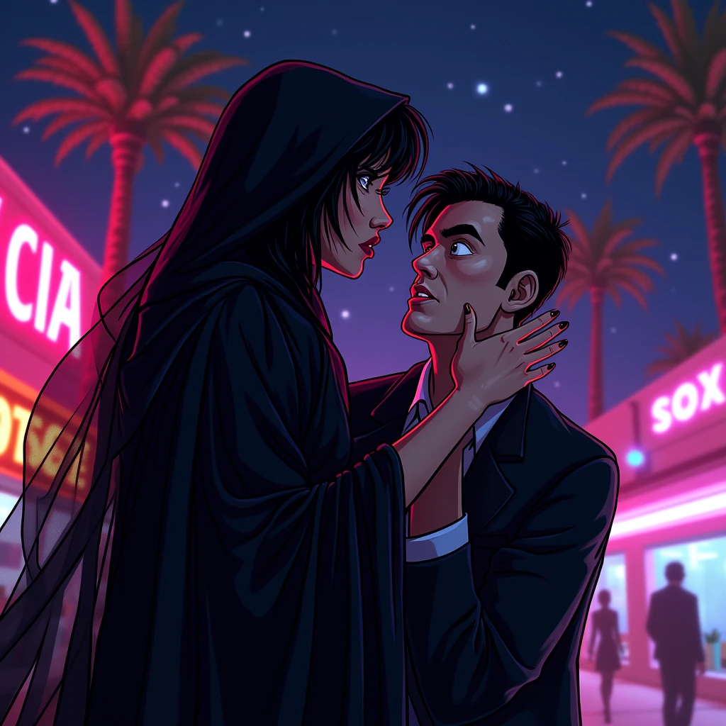 ((Black shadow))of a woman in gothic clothing grabbing a cartoon-style man's jaw, in Vice City GTA, Black night sky