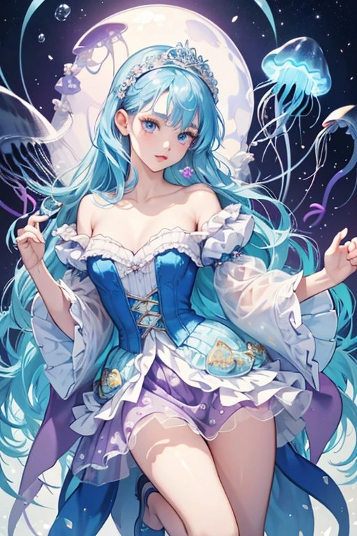 Jessa has beige skin. She has blue eyes, grey eyebrows, and red lips. She has light blue hair down to her hips. Her color can change by applying cold water - her rooted hair instantly transforms from light blue to dark blue; use warm water to change it back.
She wears a molded-on blue and white bodice that has a jellyfish-inspired motif. She has a purple pattern on the bodice. Her satiny skirt has a whimsical shell print, bubble silhouette and “tentacle” tulle pieces.
She wears translucent glittery purple shoes, jellyfish sleeves, and purple jellyfish decorates her headband. SPARKLE; GLITTER