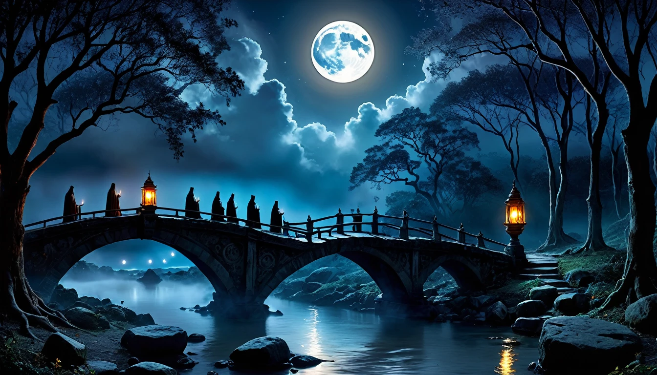 Forbidden rituals under the moonlight

[Verse]
Under moon so bright
Shadows dance the night
Whispers fill the air
Ancient secrets there

[Verse 2]
Cold hands touch the stone
Calling spirits home
Stars begin to sway
Night turns into day

[Chorus]
Forbidden rituals
Underneath the moon
Ancient magic flows
Singing ghostly tune

[Verse 3]
Candles flicker flames
Chanting holy names
Eyes closed tight with fear
Ancient gods are near

[Bridge]
Sacred circle drawn
Power till the dawn
Mystics with their eyes
Peering through disguise

[Chorus]
Forbidden rituals
Underneath the moon
Ancient magic flows
Singing ghostly tune