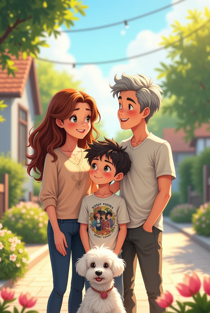An anime-style family, a 40 year old mother, a 50 year old dad, A and a 17-year-old boy with a white Bichon Maltese dog