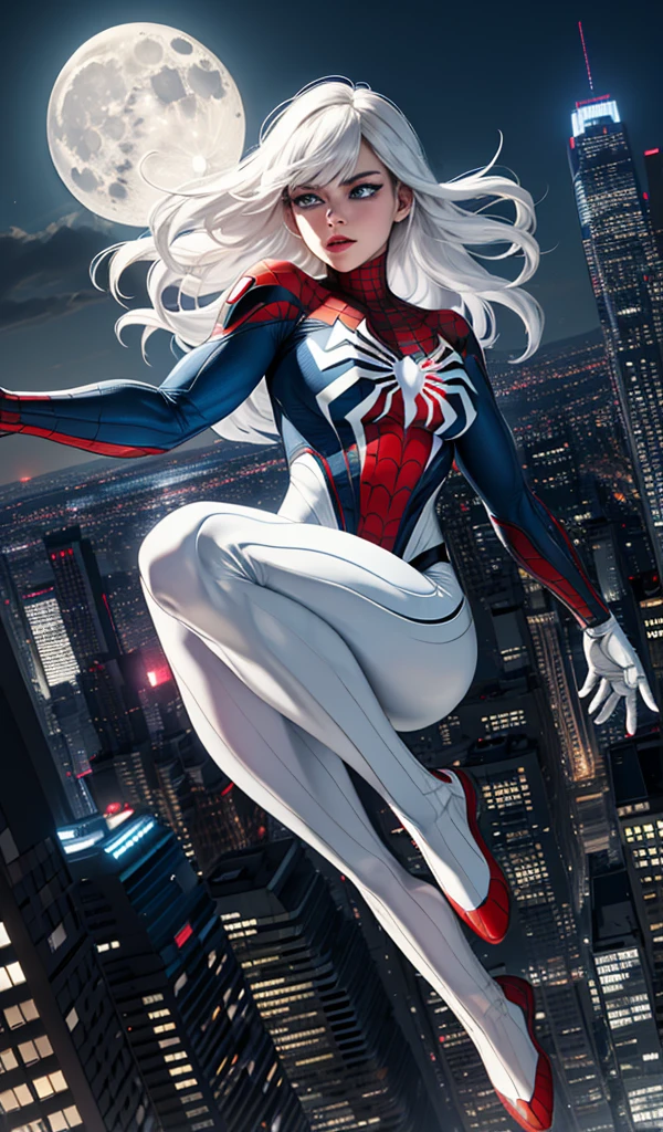(Masterpiece, 4k resolution, ultra-realistic, very detailed), (White superhero theme, charismatic, there's a girl on top of town, wearing Spider-Man costume, she's a superhero), [ ((25 years), (long white hair:1.2), full body, (blue eyes:1.2), ((Spider-Man pose),show of strength, jumping from one building to another), ((sandy urban environment):0.8)| (cityscape, at night, dynamic lights), (full moon))] # Explanation: The Prompt mainly describes a 4K painting of ultra-high definition, very realistic, very detailed. It shows a superheroine at the top of the city, wearing a Spider-Man costume. The theme in the painting is a white superhero theme, the female protagonist has long white hair, is 25 years old and her entire body is shown in the painting. In terms of portraying the actions of superheroines, spiders are employed