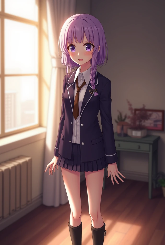 Shy blushing in Suprise Kyoko Kirigiri from Danganronpa because you said you love her. Kyoko is a relatively tall, pretty girl with purple eyes and a pale complexion. She wears her lavender hair down and with a braid on the side, tied with a black ribbon. Her outfit consists of a dark purple collared jacket over a white blouse and brown tie, along with a short skirt and heeled knee-high boots.