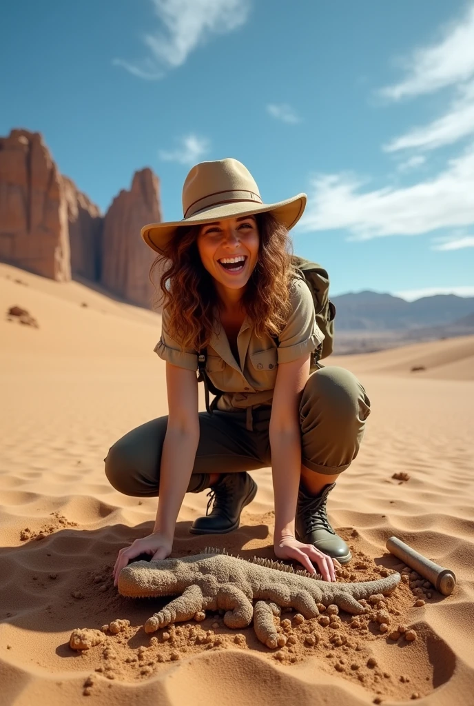 Create an image of a woman finding a dinosaur fossil