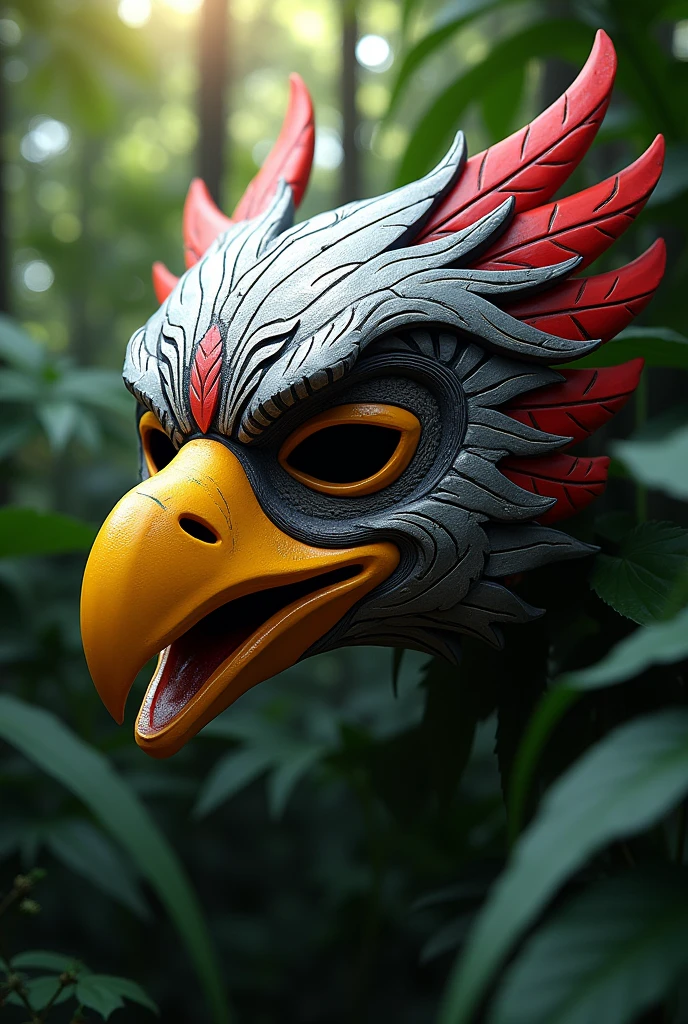 A model mask with a jungle hunter design with an eagle design, with a scar on his eye, Use the colors White, red, black and yellow for design 
