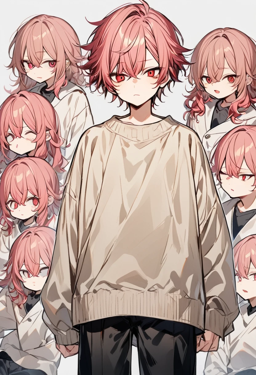 A boy, reddish pink hair, fluffy shot hair ,Her skin is somewhat pale , rectangular eyes, red eyes,Her clothes are a beige sweater, Black pants , Neutral facial expression