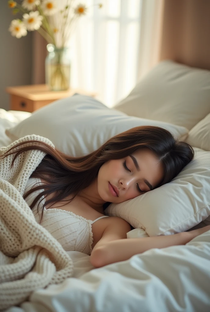 Beautiful adult woman sleeping in bed