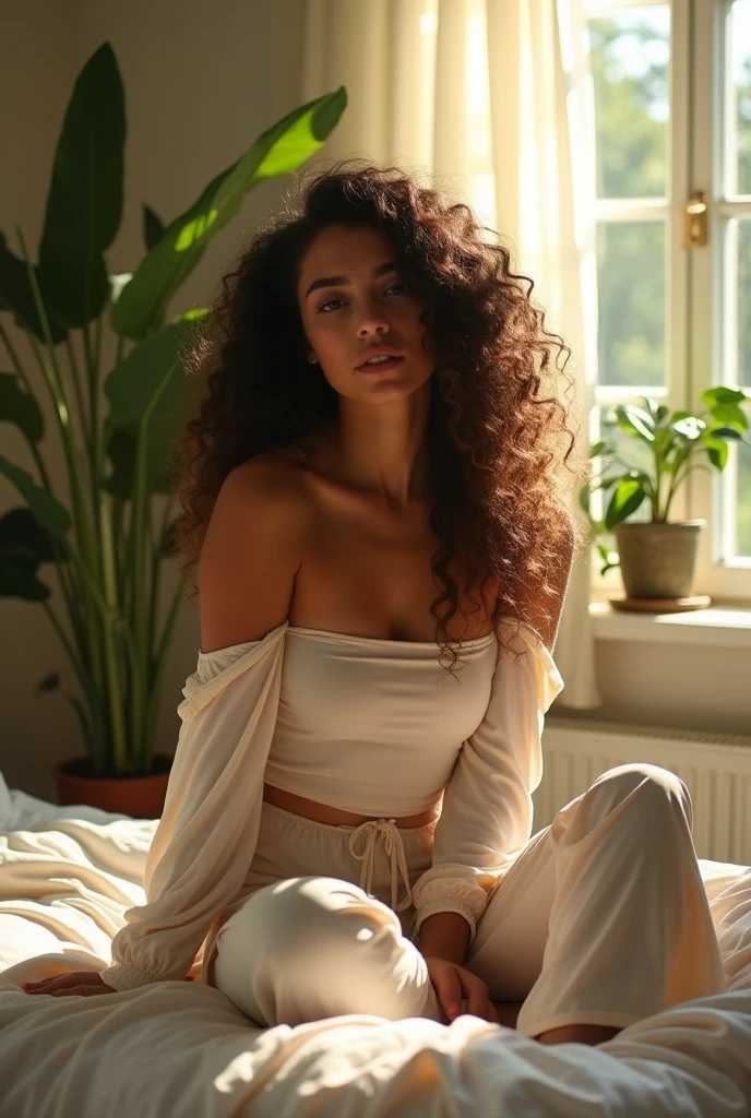 (photorealism:1.2), beautiful woman, sitting on bed, wearing loose off-shoulder top, pajama pants, long curly hair, indoors, soft lighting, plants in background, window with sunlight, cozy room, relaxed pose, realistic, intricate details, warm colors, by Greg Rutkowski, by Alphonse Mucha