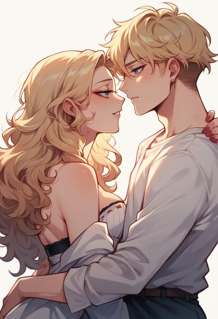 create a couple of lovers, the man with the light curly hair and fair skin, and the woman with very fair skin and straight, blonde hair