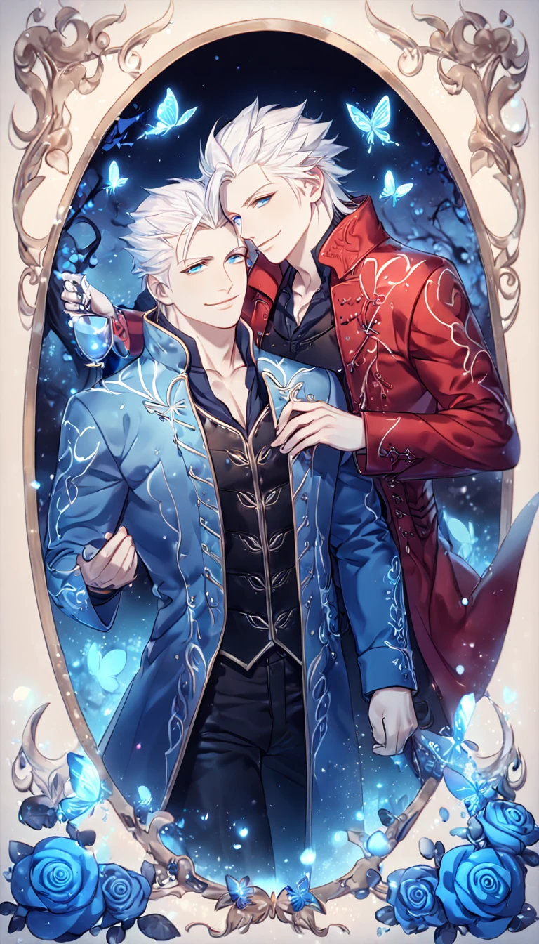 absurdres, highres, ultra detailed, HDR, master piece, best quality, Vergil, white hair, expressive blue eyes, Devil May Cry, Dante, white hair, expressive blue eyes, two sexy men together, yaoi, gay couple, handsome, smile, manly man, red coat, black vest, unbuttoned, blue coat, magical, fantasy, under a blue tree, blue flames, blue moon, blue fireflies, blue roses, blue butterflies, glass magic