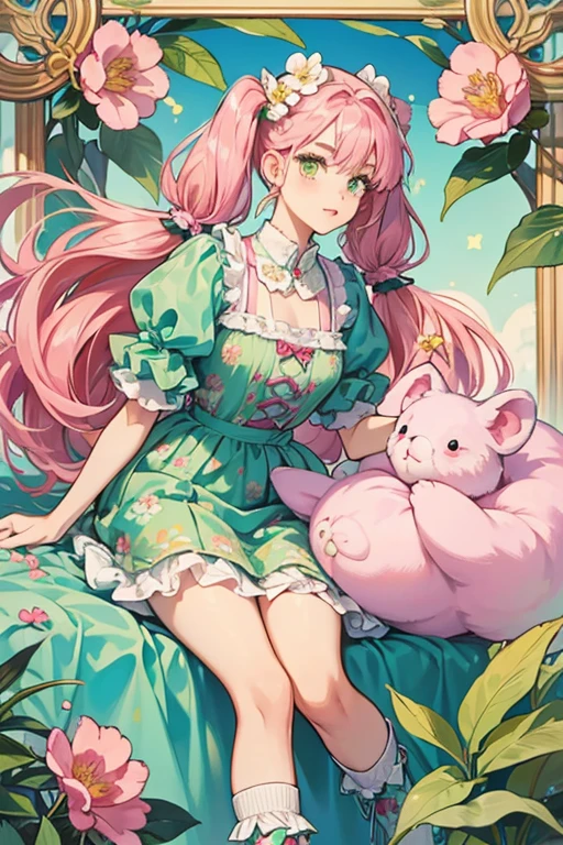 The cherry pink hair is hip length and worn in two pigtails behind the koala ears. her bangs reach down to her eyebrows. She has soft grey skin, a black nose, lilac eyebrows, green eyes, and salmon lips. She does not have a tail.
 She wears a molded-on yellow bodice with a print of flowers surrounding an eucalyptus stick on the front. The print is framed by light green suspenders. Her skirt is removable and sports a print of red, pink, yellow, purple, and blue flowers, hibiscuses, and eucalyptus leaves in various shades of green. it is trimmed with soft pink fur.
Karina's footwear are hot pink boots and calf-high socks with koala faces on the noses. A yellow flower is molded onto her left ear. SPARKLE; GLITTER