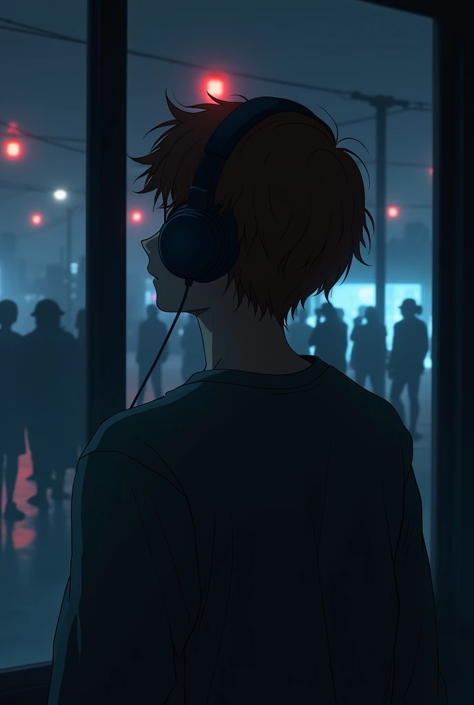 Un homme qui ce sent seul dans un anime des années 90s , avec des cheveux bruns, écoutent de la music avec un casque audio, se tenant devant un fond sombre. en arrière plan avec une fenêtre