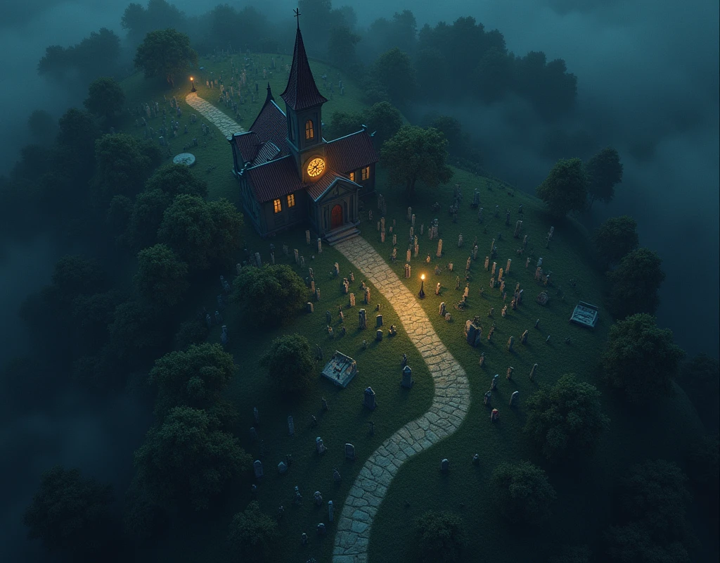 vampire the masquerade, map rpg, ((Map of a large cemetery, on a small hill, with a small church at the top of the hill)), game art, birdseye straight top-down shot from a drone, battlemap, current modern theme, seen from above, role-playing game, empty location, nighttime environment, (with realistic proportions and textures, intricate details, handdrawn, vibrant, cinematic lighting, masterpiece, 8k:1.2)