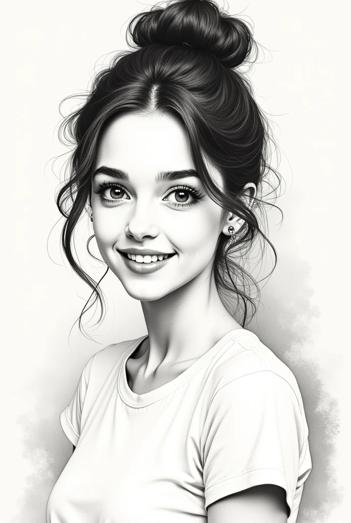 ink drawing  .portrait. looking at the camera. woman. young adult. small face. smalleyes. brown eyes. small nose. full lips. bun.  smile. white t-shirt.vintage. bob. 