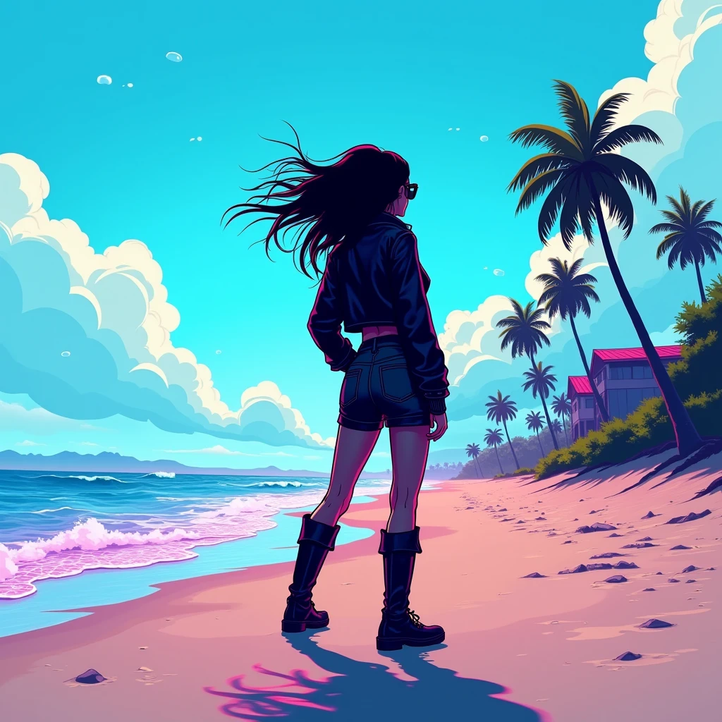 Black shadow of a cartoon style rocker woman, in Vice City GTA, lonely environment, sad blue sky, in Beach