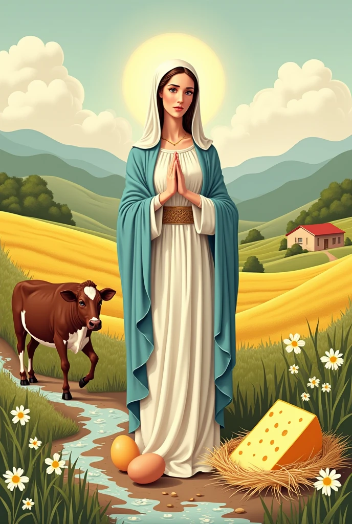 An Image In Drawing With The Virgin Of Candelaria And That In The Background Has Cheese, Egg, Milk, A Cow, A Country Landscape For A Logo