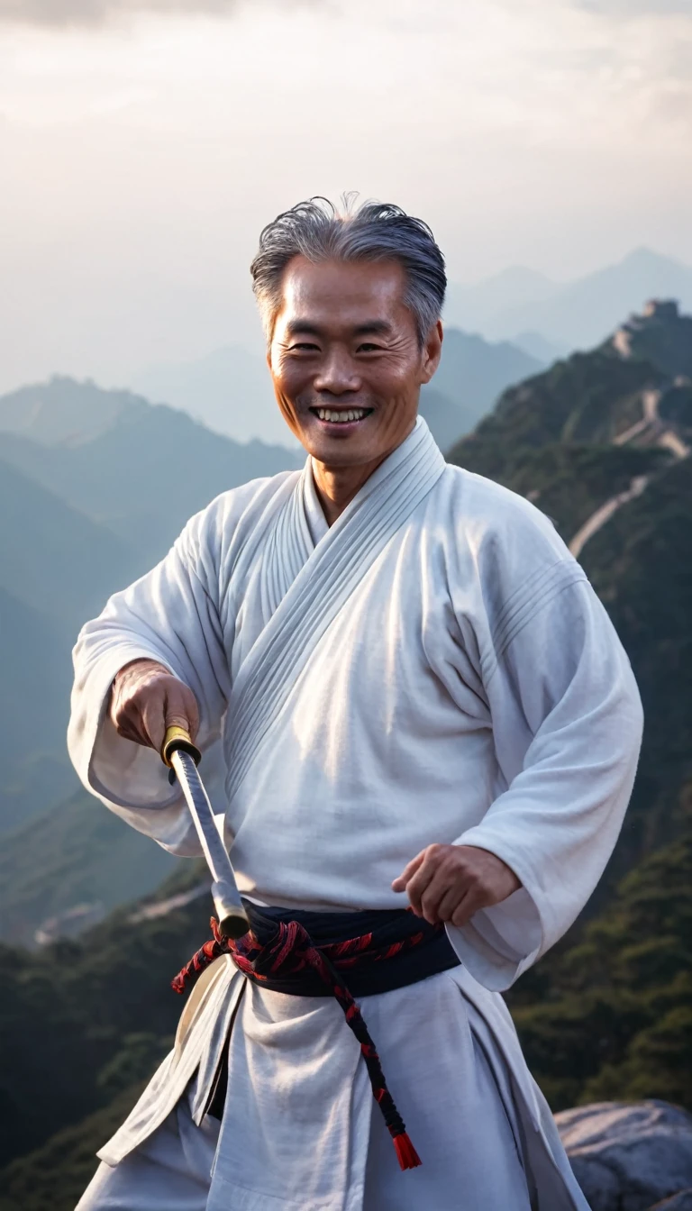 Portrait of Linghu Chong in The Smiling, Proud Wanderer by Jin Yong, China. He is standing on the top of Mount Hua at dawn, the sunlight shining on his silver-white hair and pure white clothes of the Huashan sect, ancient Hong Kong martial arts costume. Linghu Chong is smiling gently, his big round eyes sparkling, holding a sharp sword in his hand. The background is a majestic scene with clouds and mist. Applying shimmering light effects and bright colors to create a vibrant picture, cinematic light, masterpiece, 8K, martial arts art, ancient Hong Kong.