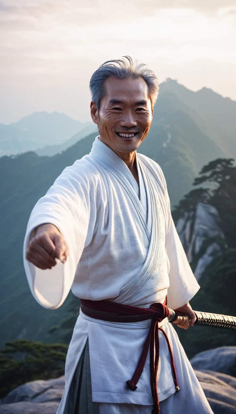 Portrait of Linghu Chong in The Smiling, Proud Wanderer by Jin Yong, China. He is standing on the top of Mount Hua at dawn, the sunlight shining on his silver-white hair and pure white clothes of the Huashan sect, ancient Hong Kong martial arts costume. Linghu Chong is smiling gently, his big round eyes sparkling, holding a sharp sword in his hand. The background is a majestic scene with clouds and mist. Applying shimmering light effects and bright colors to create a vibrant picture, cinematic light, masterpiece, 8K, martial arts art, ancient Hong Kong.