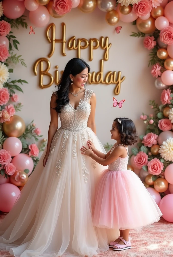 Real Pinay woman beautiful with ballgown with daughter girl   with Ball gown pink with name wall background "Happy Birthday" with flowers baloons butterflies 