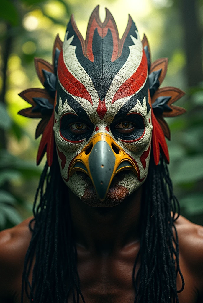 A model mask with a jungle hunter design with an eagle design, with a scar on his eye, Use the colors White, red, black and yellow for design