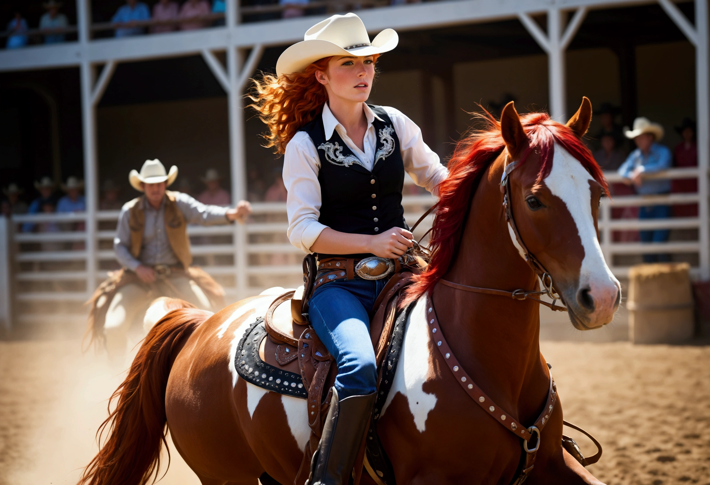 an image of a cowgirl riding a pinto horse inside a rodeo, skillfully taming it. The cowgirl has red hair with loose curls, and she wears a fringed vest, a belt with a large buckle, and cowboy boots. The horse is agile and sleek, with black and white spots and a short, straight mane. The scene is set inside a rodeo, with an atmosphere full of tension and energy as the cowgirl controls the horse. The image is in anime style, with vibrant colors and dynamic expressions, capturing the excitement and movement of the moment