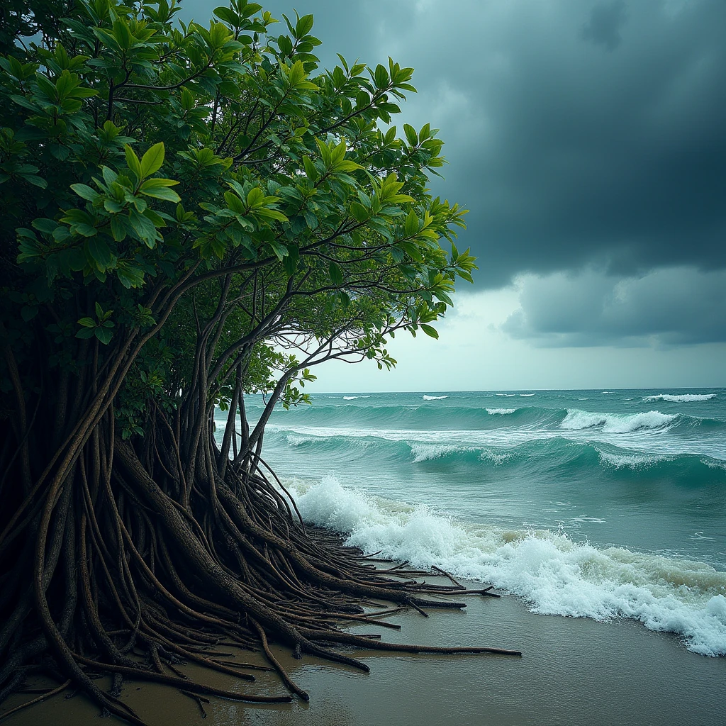 The Sundarbans mangrove forests must be shown to act as a natural shield against cyclones.. The image should show how mangrove forests protect the area from storm surges., Clearly, Bold message: "Sundarbans protects us, We must protect it." The background should show a stormy sea and the foreground should show a dense mangrove forest..