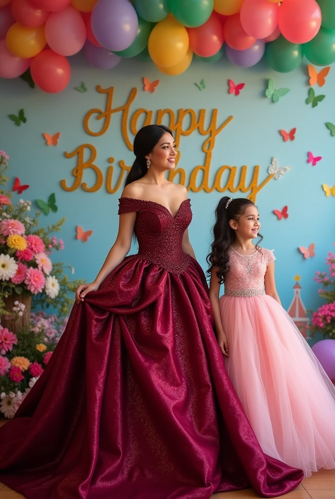 Real Pinay woman beautiful with ballgown with daughter girl with Ball gown pink with name wall background "Happy Birthday" with flowers baloons butterflies