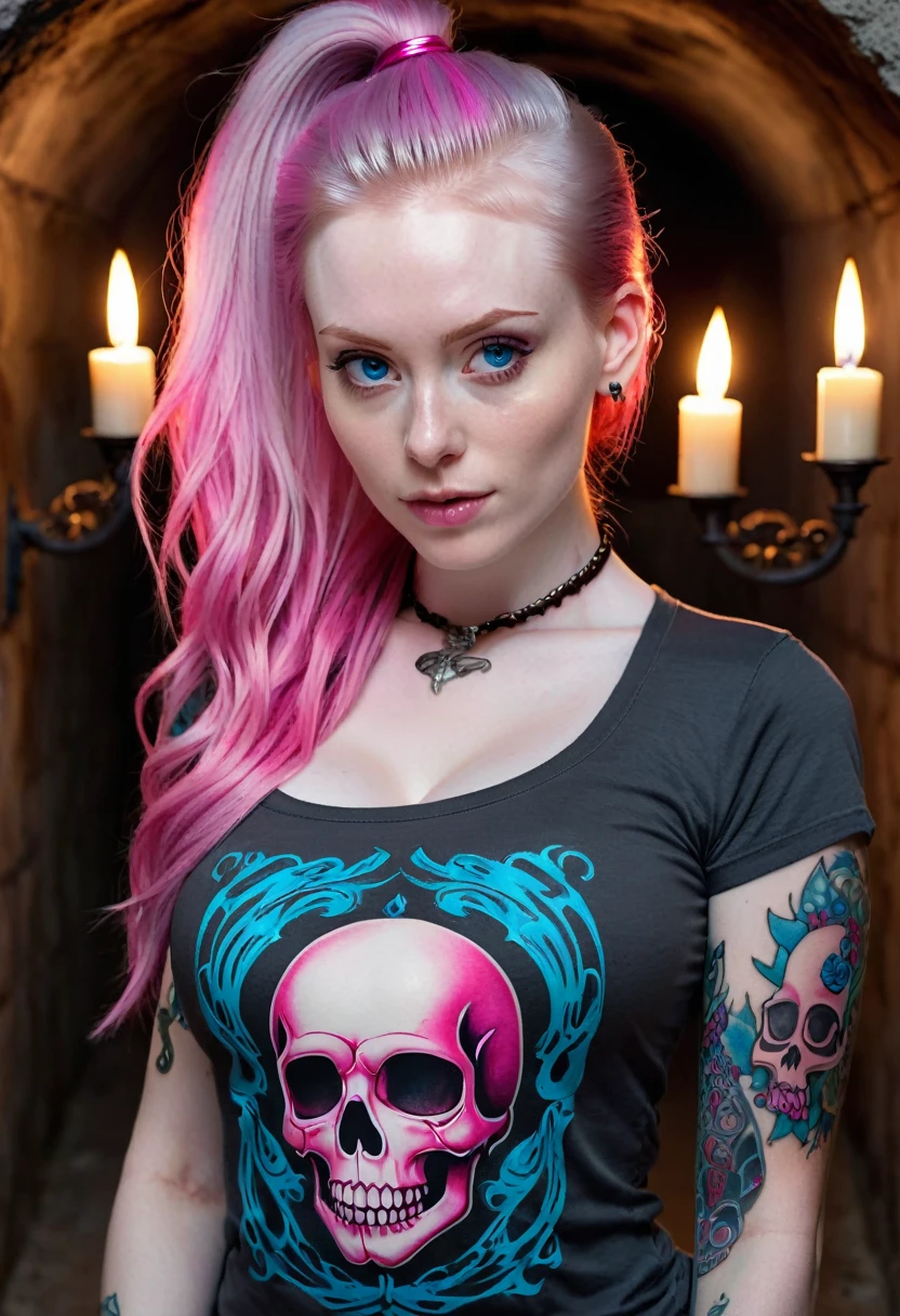 skini girl, grey t-shirt , (((((pale skin)))))), blue eyes,
 white girl, deep pink hair,  ultra realistic, ,
 large breast, (((huge breast))), ponytail hair,
 dark tunnel full of skulls with little light background, 
candle lights,
 ((tattoo skull breast))