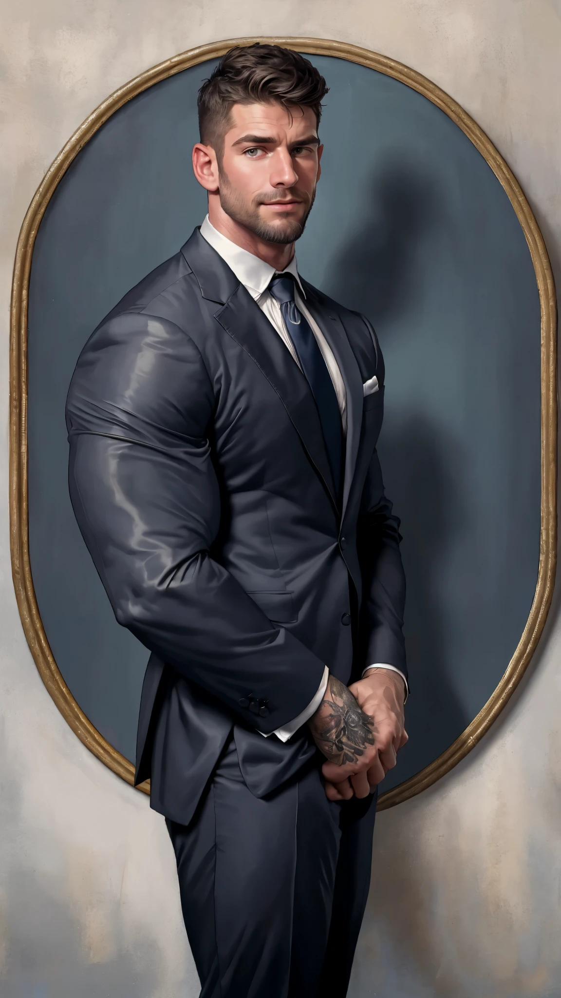 ong arms and nude chest, highly detailed painting, portrait, artwork by William-Adolphe Bouguereau, tom of finland, Gaston Bussiere, Alphonse Mucha, ethereal, poetic pastoral. handsome reference Matt Anderson (reference American Volleyball Olympics Player - Matt Anderson), (reference Matt Anderson) (bluck tattoo:1.2), beard, short hair, small head (reference Matt Anderson) tall Mature man, big beardfinger rings, wearing a suit and tie, wearing a suit and a tie, wearing suit and tie, wearing a shirt with a tie, wearing a business suit, wearing business suit, wearing black grey suit, wearing a stylish men's suit, wearing a suit, wearing a strict business suit, (8K, masterpiece, best quality, high resolution, Super detailed)elegant!Stylish background!!high-definition,8k,buzz cut!!! muscular,chesthair, Furry chest muscles!shirtless,smirk, masterpiece, best quality, high resolution, detailed background,Strong body,Very,male,he is about 30 years old,Rugged and handsome looking,Muscle tissue,Excessive muscles,chest muscles!Angry detailed background, frown, best quality, masterpiece,(muscular:1.5),(white hair:1.5 ),(Body hair is gray:1.5)