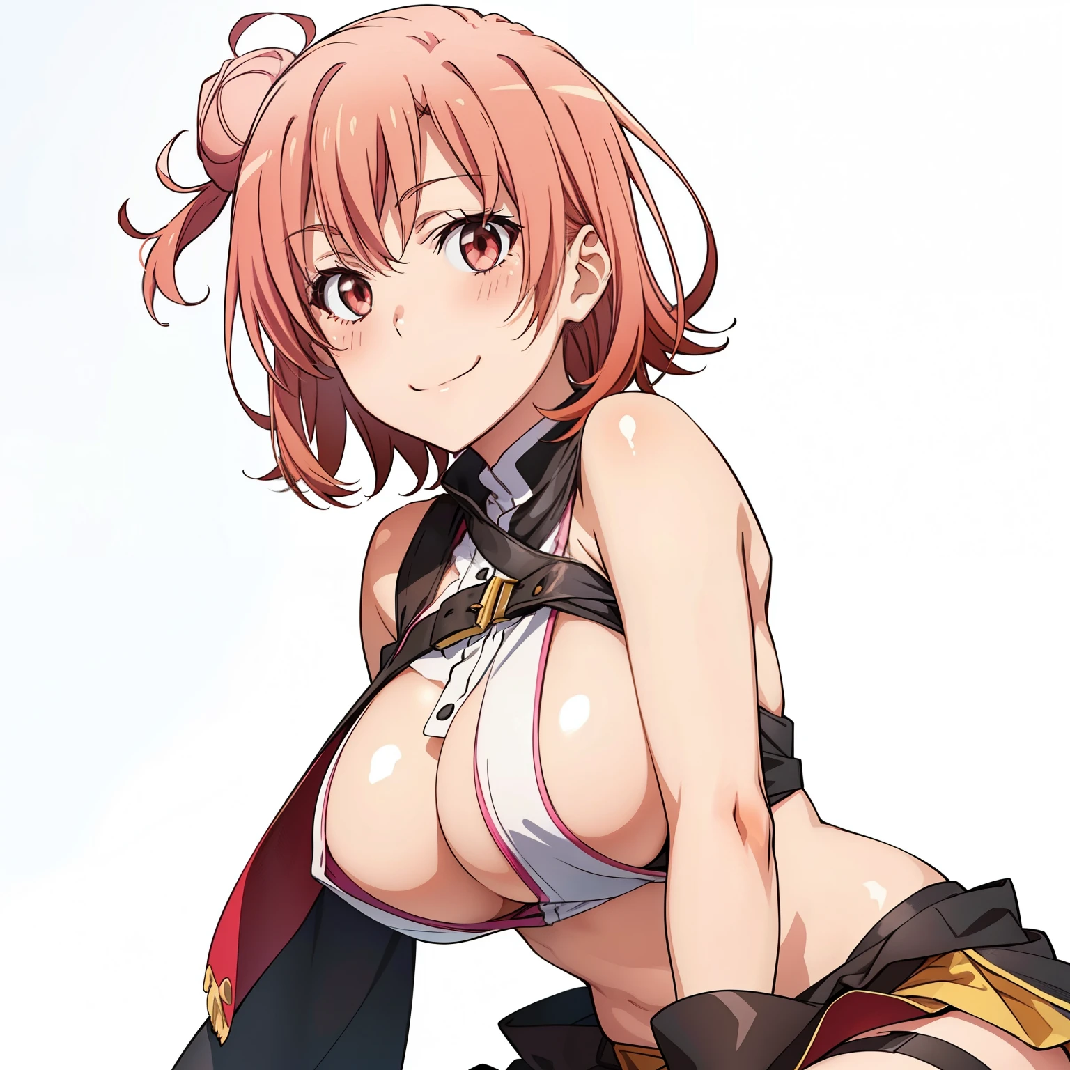 ((masutepiece, Best Quality, hight resolution, nffsw, Perfect Pixel, depth of fields, 4K, )), 1girl in, Solo, , Beautiful anime girl, Beautiful Art Style, Looking at Viewer, Perfect body, Yuigahama Yui, Short hair, single hair bun, pink hair, (large boob), Full face blush, Smile, thighs thighs thighs thighs, pirate outfit, white background, sitting on floor, portrait shot, Focus,