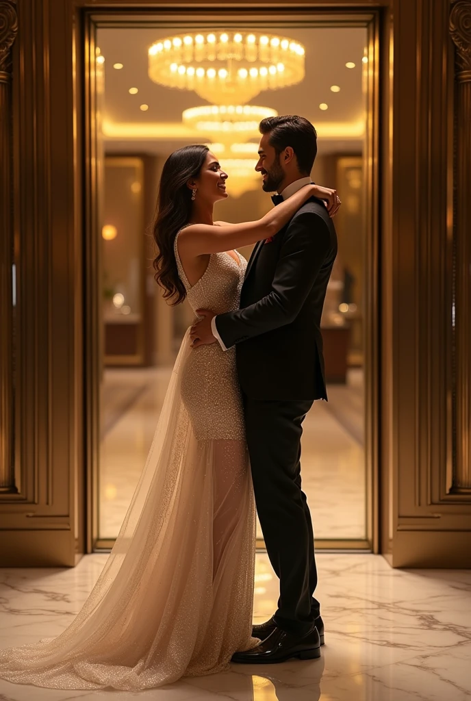 Create a elegant picture of actress Ileana D'Cruz lifting a man in front lift