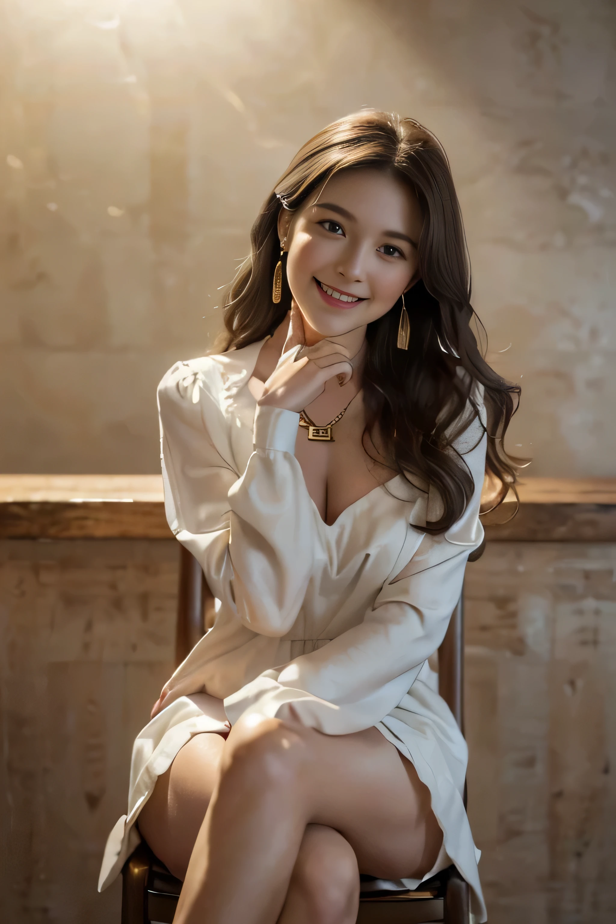 ((Beautiful girl:1.3)) Highest quality,masterpiece,Ultra-high resolution,(Realistic:1.4),RAW Photos,(Real skin texture:1.3),(Film Grain:1.3),Panorama,Portraits,Very wide shot,Tight waist,Cowboy Shot,(In the Dark, Deep Shadow, Modest, Cold Light,) night,(()),Tears flow,,Dust,Tyndall effect,(Performance),One person,Beautiful and detailed eyes and face,White Jabot,Brown eyes,((Brown Hair:1.2)) ((whole body:1.3)) ((smile:1.3))((Super long brown hair:1.2)),((Hair with loose waves inside:1.2)),((gold necklace＿Large earrings:1.2)),((shy smile:1.3)),((mideum breasts:1.3)),((wearing navy mini dress＿bottan up mini dress_long sleeves_with white collar_with white cuffs:1.3)),((full body portrait:1.4)),((Sits on a bar chair In a crowded café at dusk:1.3))((Place your left hand gently on your chin，right hand holding chest:1.3)),((Sitting elegantly with crossed legs:1.5))((chest thrusting pose, chest bragging pose:1.4)),