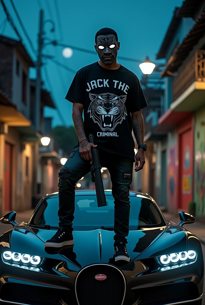 A young man with a mask and white eyes with a presidential weapon on top of a Bugatti in a favela at night and his shirt has the face of a black tiger and says... Jack The Criminal 