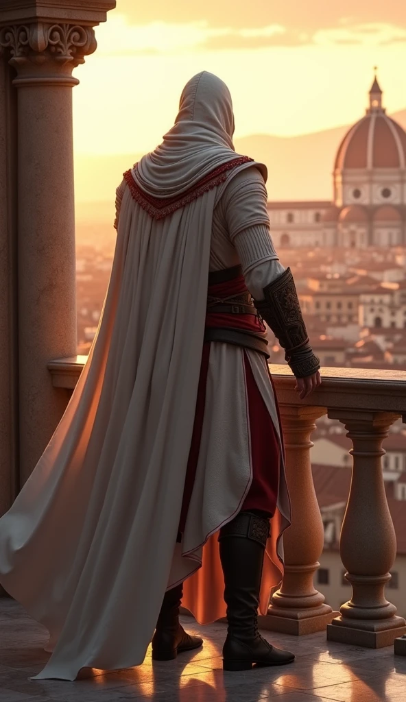 Ezio Auditore stands on a marble balcony overlooking the rooftops of Florence, the setting sun casting a warm, golden light over the city. His white Assassin’s robes, detailed with red accents and a flowing cape, move gently with the breeze. The iconic hood shadows his face, but his sharp, determined eyes are visible, reflecting a mixture of pride, sorrow, and resolve. His hand rests on the hilt of his hidden blade, a symbol of his lifelong commitment to justice and revenge. The scene captures Ezio’s journey—an elegant blend of nobility and fierce resolve, standing as both protector and avenger in a world full of secrets and danger.
