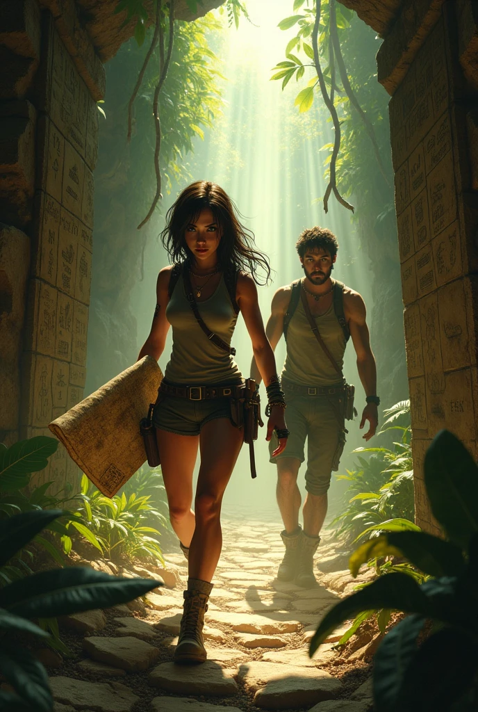Lara and Max escaping from the jungle temple while avoiding dangerous traps