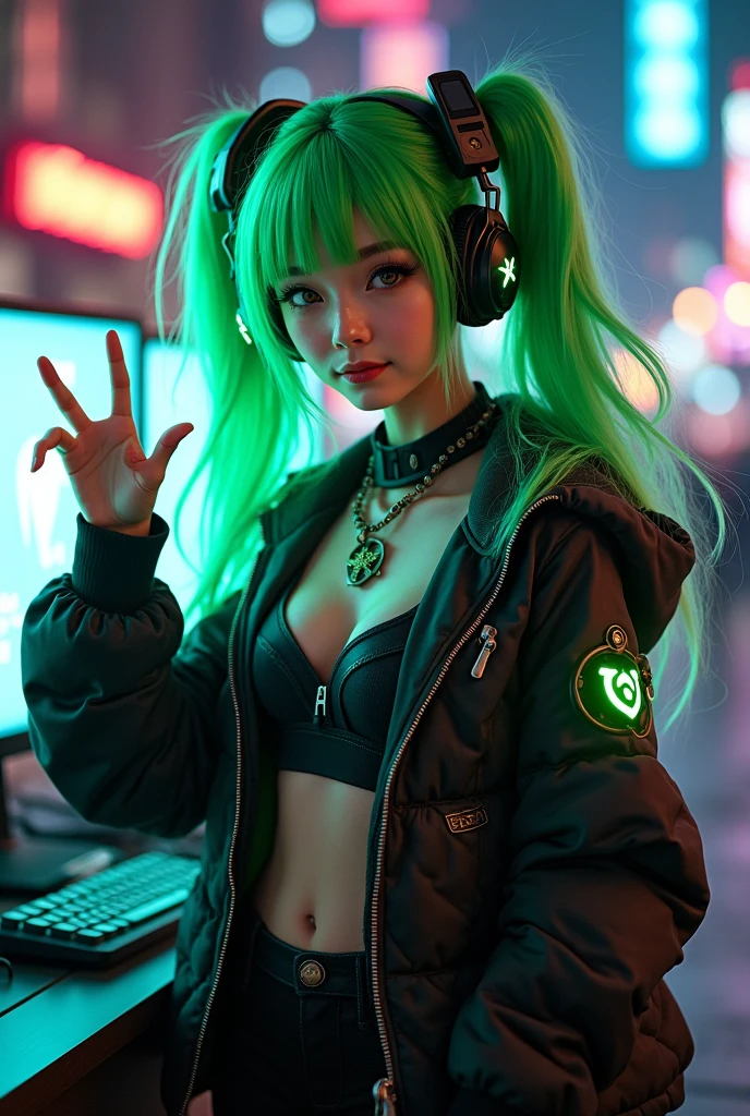 Green haired beautiful girl Vtuber introducing himself in front of a lit monitor anime I'm broadcasting。Twin tails
Black and green headphones Cyberpunk outfit Green logo-like item on right shoulder Waving with five fingers up